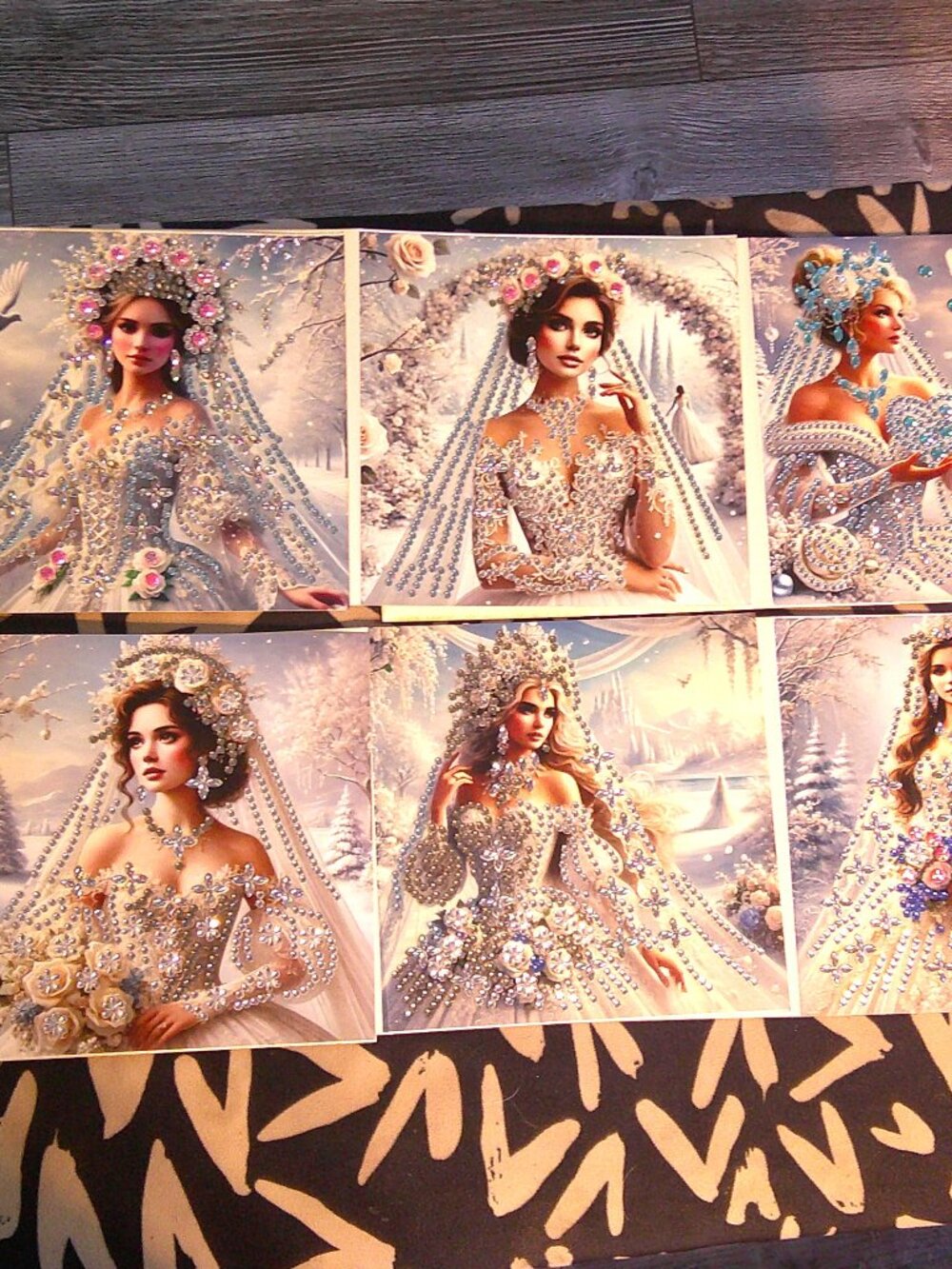 6 "Winter Wedding" Greeting Cards Bridal Diamond/Jewel Art Blank Completed